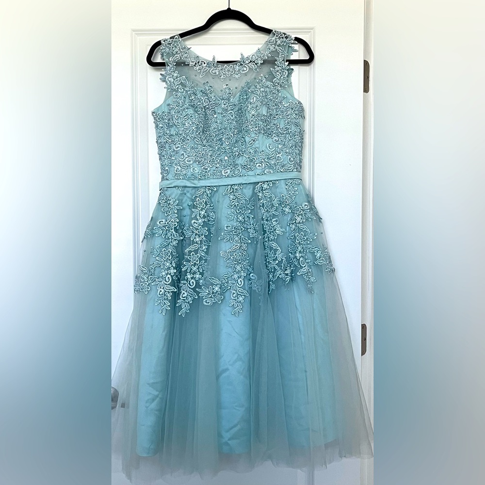 Blue sequin bodice and tulle skirt formal dress
